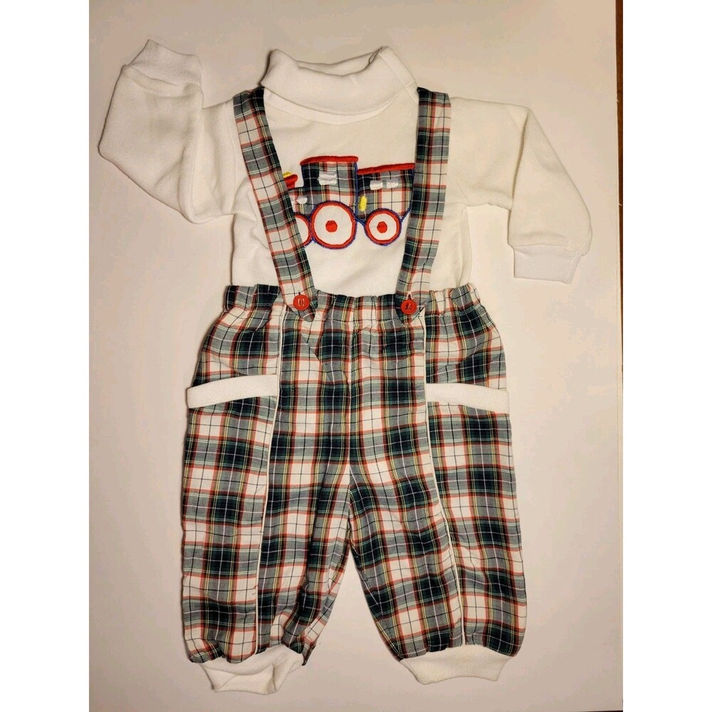 Baby Tiny Tots Originals 12M Red Green Overalls Bibs Train Vintage Turtleneck
